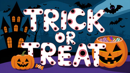 Highly detailed Halloween celebration vector scene featuring trick or treat text eyeballs pumpkin and a candy pot with surreal lighting and soft shading
