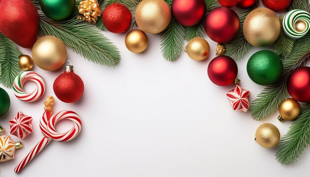 Holiday Flat Lay Border M Red Green Gold Baubles And Candy Canes On White