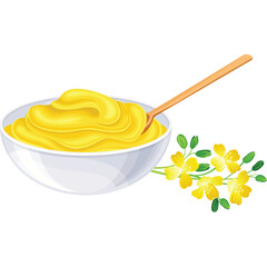 White Bowl Filled With Yellow Creamy Substance and Wooden Spoon Next To Yellow Flowers and Green Leaves Isolated On Transparent Background