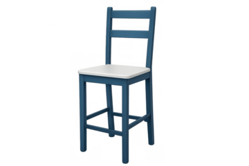 Blue and white wooden bar stool standing isolated. Modern high chair for kitchen or home bar on transparent background