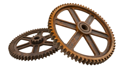 two big iron gears isolated on white or transparent png
