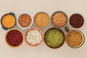 Top view.  Protein products for vegetarians. Soy, lentils, peas, chickpeas and various types of beans in bowls. Variety of nutrients.