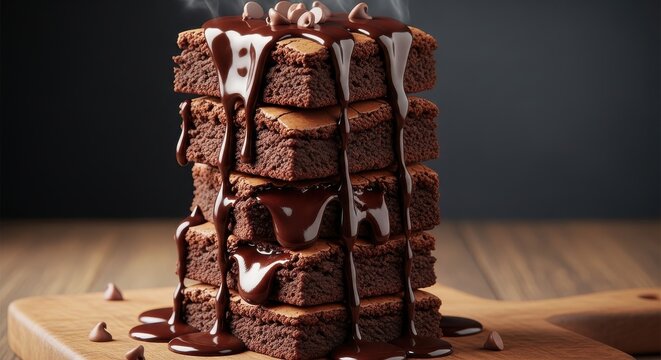 A decadent tower of rich, fudgy chocolate brownies stacked high and generously drizzled with warm, melted chocolate sauce - Powered by Adobe