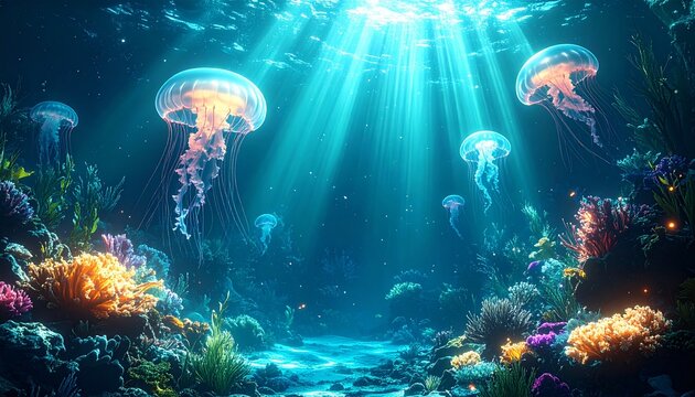 paradise with bioluminescent elements, _glowing jellyfish floating, lumino 