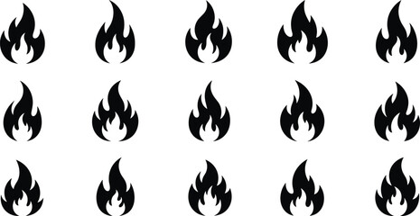 Black flame icon set, fire symbol collection, abstract flame shapes, burning energy design, heat vector elements, silhouette flames pack © Monira
