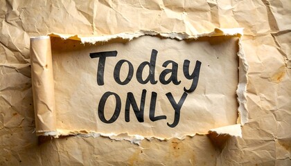 'Today Only' text on a torn, aged paper, framed by textured, wrinkled parchment