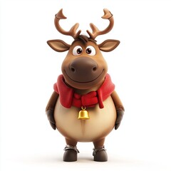 Fototapeta premium 3D cartoon reindeer wearing a red scarf and bells, isolated on a white background