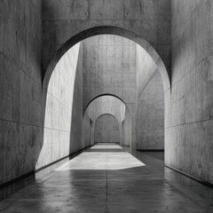 Fototapeta premium Abstract concrete architectural corridor with arches casting shadows and highlighting minimalist design elements in monochrome tones