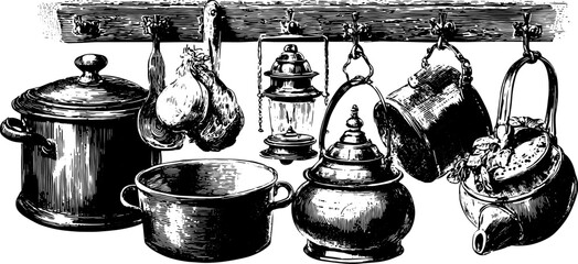 Kitchen pots and pans hanging from hooks in a vintage style. Black line drawing vector illustration ideal for kitchen decor set.