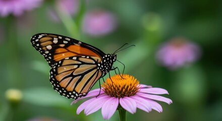 Naklejka premium Vivid orange butterfly rests gently upon a purple and yellow flower head