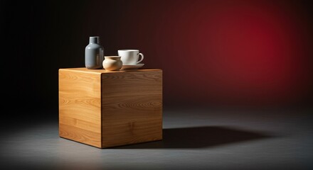 A modern, geometrically shaped wooden cube table serving as an accent piece in a minimalist interior design setting ,minimalist ,living room ,architecture