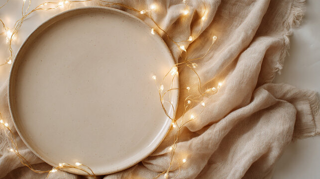 Neutral beige ceramic plate on linen fabric with warm fairy lights for cozy minimalist table setting