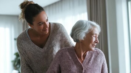 A caregiver supports a senior woman, sharing a heartfelt smile in a bright, comfortable home environment. The scene radiates warmth, compassion, and intergenerational bonding