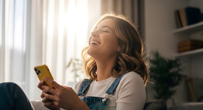Joyful young woman laughing while holding a yellow smartphone at home, sitting by the window in warm sunlight, enjoying a happy and relaxed moment. - Powered by Adobe