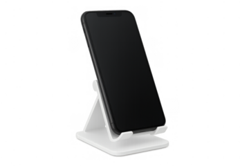 Smartphone with blank screen on white plastic stand, displaying digital content, isolated on transparent background