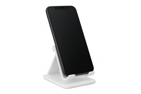 Smartphone with blank screen on white plastic stand, displaying digital content, isolated on transparent background