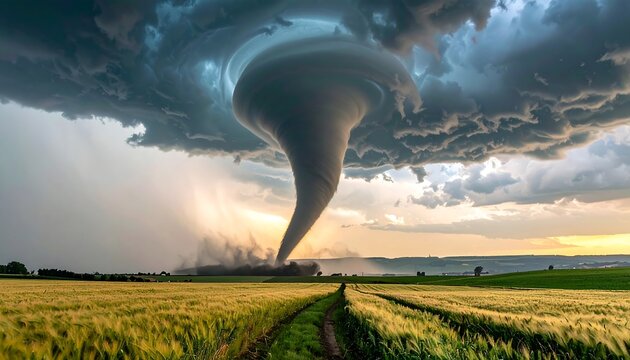 Tornado over a vast field of wheat under a stormy sky with a path leading toward the twister