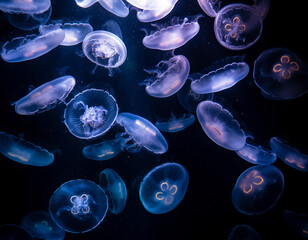 jellyfish deep underwater, translucent bodies glowing, macro shot, dark