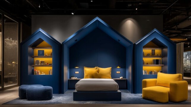 A vibrant children's room showcases a snug bed surrounded by unique shelf units shaped like houses. Warm lighting enhances the playful design, inviting creativity and comfort