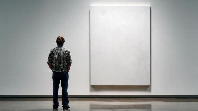 A visitor observes an empty white canvas in a contemporary art museum, reflecting on abstract and conceptual art. The minimalist setting highlights the power of imagination and interpretation
