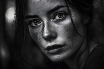 Fototapeta premium Close up portrait of a woman with striking facial features in monochrome