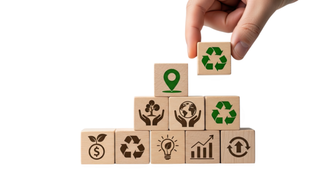 Hand stacking wooden blocks with environmental icons forming a growth chart isolated on transparent background