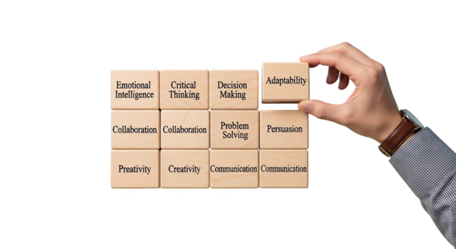 Hand placing a wooden block with the word modern onto a grid of blocks with various business terms isolated on transparent background - Powered by Adobe