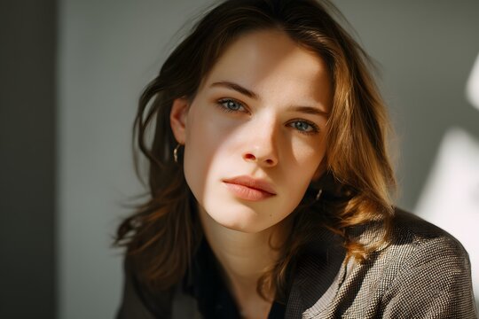 Close-up portrait of a stylish brunette with captivating eyes illuminated by natural light