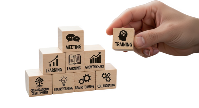 Hand placing a wooden block with a person icon on a stack of business concept blocks isolated on transparent background - Powered by Adobe