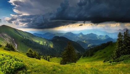 Fototapeta premium Mountain Landscape In The Alps Dark Clouds Thunderstorm Over The Mountain Samer In Summer Samerberg Bavaria