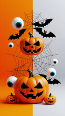 Creative three dimensional vertical Halloween setup featuring pumpkins spiderwebs eyeballs and bats arranged on an orange and white background for festive promotions

