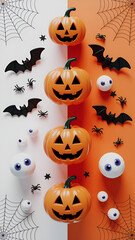 Creative three dimensional vertical Halloween setup featuring pumpkins spiderwebs eyeballs and bats arranged on an orange and white background for festive promotions
