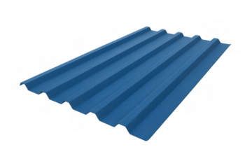 Blue corrugated metal roofing sheet displaying construction material for building and shelter, transparent background