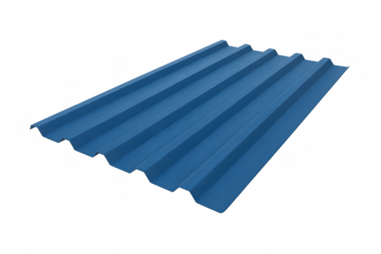 Blue corrugated metal roofing sheet displaying construction material for building and shelter, transparent background