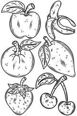 Hand drawn fruit line art set. Apple, banana, lemon, orange, strawberry, cherry outline illustration. Black and white sketch, minimal botanical clipart for design, clipart, coloring, print, healthy fo