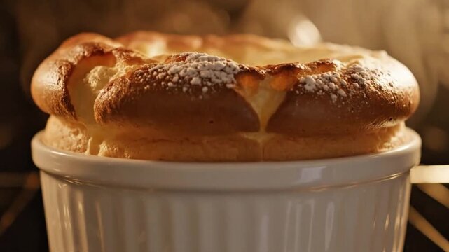 Side shot of souffle rising in oven, golden top forming, macro lens, warm cinematic tone, 4K