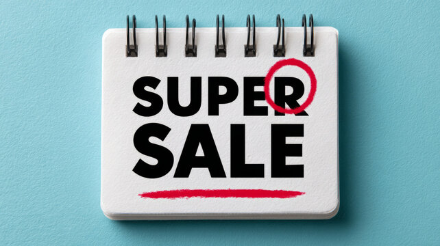 Super sale promotion on notepad with red marking on blue background.