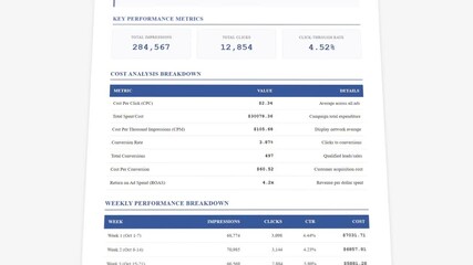 PPC advertising campaign performance report with cost metrics and revenue tracking