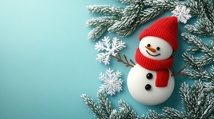 3d render of a cute, smiling snowman with a red scarf and hat, surrounded by white, snowy pine branches against a blue background, christmas card template 