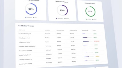 Asset depreciation schedule dashboard with tracking metrics and value analysis display