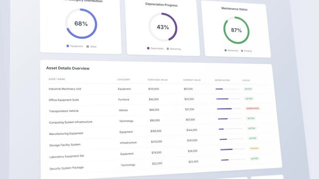 Asset depreciation schedule dashboard with tracking metrics and value analysis display