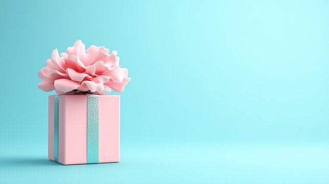 pink gift box with a flower on top, against a pastel blue background, in a minimalist style, concept for a birthday or valentine's day celebration, present concept. 