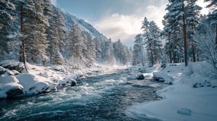 frozen river through snowy pine valley,
