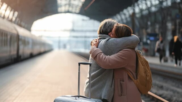 Touching moment unfolds as two individuals share meaningful hug at busy railway station, surrounded by trains, anticipation. Scene captures themes reunion, departure, emotional bonds