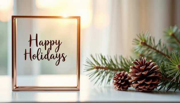 Modern holiday minimalism with elegant copper frame and pinecone detail on cozy background