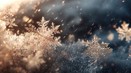 frozen snowflakes illuminated by sunlight,