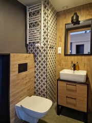 bathroom interior with toilet, sink and heated towel rail