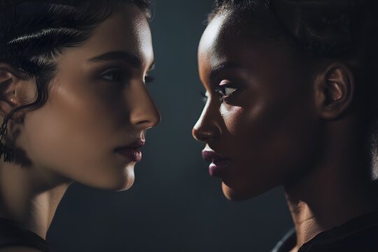 Two women face each other in dark contrast lighting with elegant makeup and hairstyles