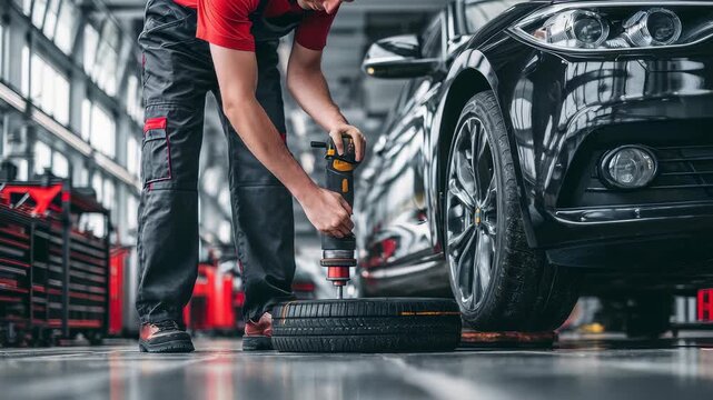 A skilled auto technician replaces a car wheel with specialized equipment in a contemporary garage. The clean, industrial setting emphasizes precision and professional vehicle service