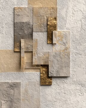 Abstract layered wall art with textured surfaces and gold accents in neutral tones for modern interior decor and design